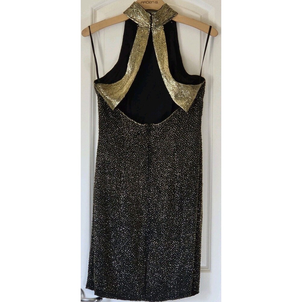 Black Tie Oleg Cassini Beaded Silk Halter Dress Black Gold Glam Cocktail Sz 8 - Picture 3 of 10